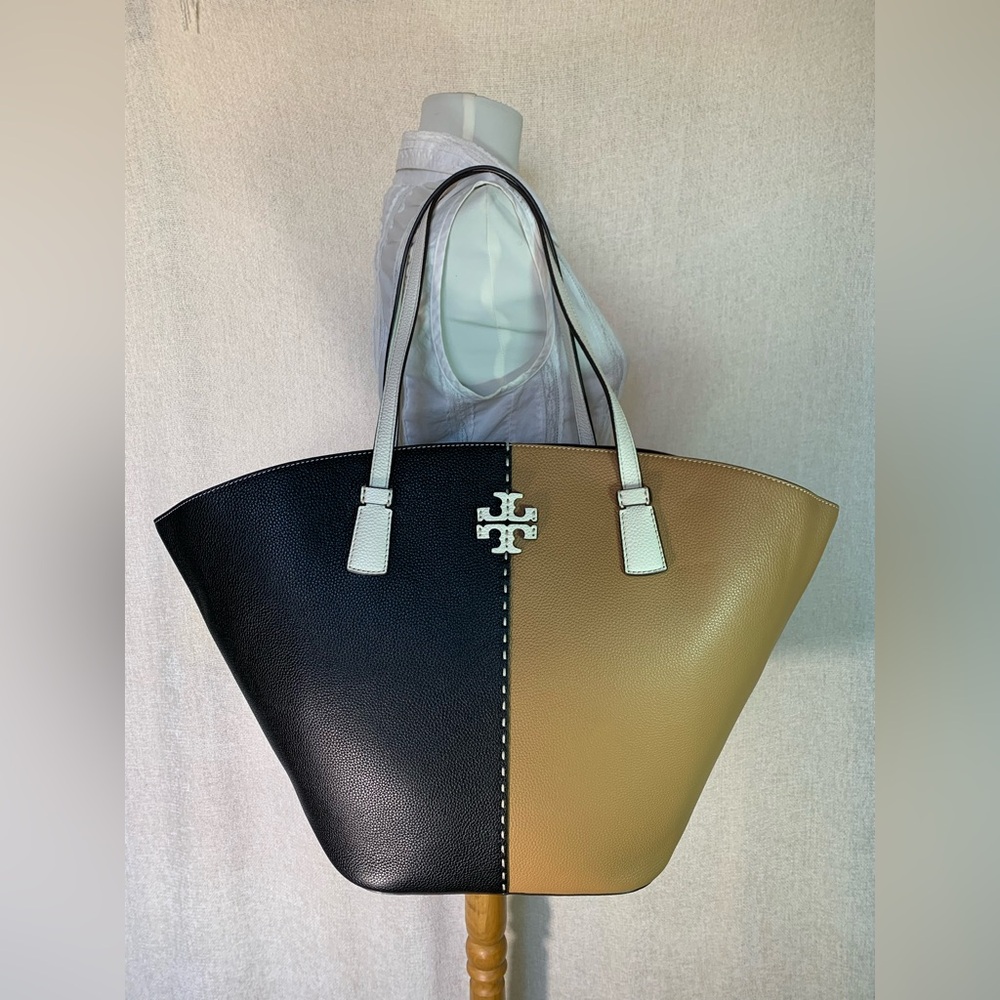 NEW Tory Burch McGraw Tiramisu Tan/Black Color Block Large Leather Tote Bag - Picture 7 of 14